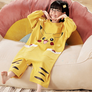 皮卡丘睡衣儿童春秋季纯棉连体衣可爱女孩新款长袖睡裤裙家居服女