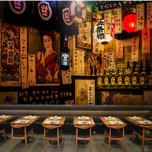 日式居酒屋寿司料理店墙纸和风餐厅壁画日本建筑墙布街景装修壁纸