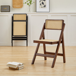家用折叠餐椅北欧复古设计师黑色藤编餐桌椅中古创意靠背实木椅子