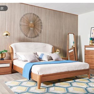 蓝鸟家具中式全实木真皮双人床现代简约头层牛皮大床18米床