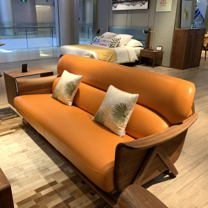 北欧e家实木三人位黑核桃沙发客厅现代简约新中式牛皮真皮沙发