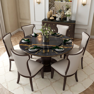 思家园 大理石圆餐桌带转盘 后现代轻奢美式家用圆形高端实木圆桌