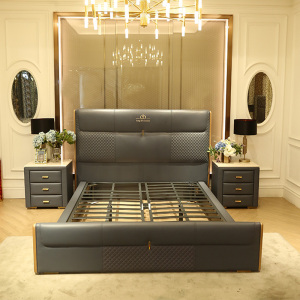 朗乐福家用小户型真皮床架排骨架箱式床高箱床板式床卧室皮艺床架