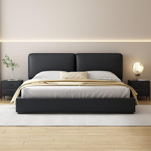 拉芙菲 极简大黑牛床意式真皮床黑色现代简约双人床豆腐块床m6497