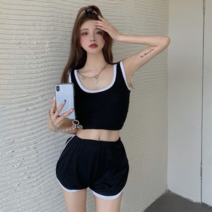 撞色短款露脐吊带背心短裤两件套装休闲运动套装女夏韩版2022新款