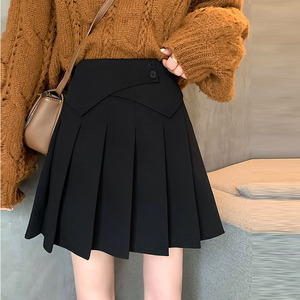 大码黑色短款设计感半身裙女秋冬季学院风百褶裙高腰百搭a字短裙