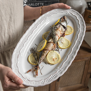 外贸北欧家用蒸鱼盘子16寸超大号餐厅陶瓷长盘子烧烤盘特价微瑕疵