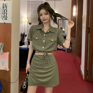 军绿色工装风套装女夏季甜辣酷收腰短款短袖衬衫高腰半身裙两件套