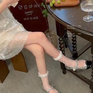 纯欲透明袜子女中筒袜圆点白色蕾丝夏季薄款玻璃丝配玛丽珍