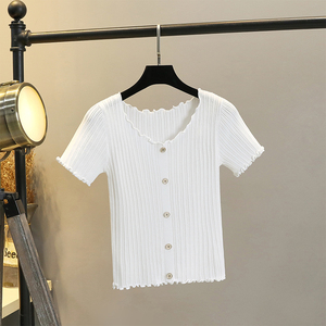 冰丝针织衫短款T恤女木耳领小个子短袖开衫夏季薄款修身白色上衣
