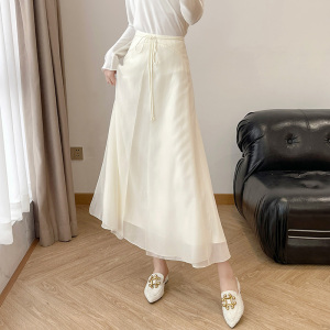 菱泽希高端白色纱裙加长A字新中式国风黑色网纱半身裙女春夏