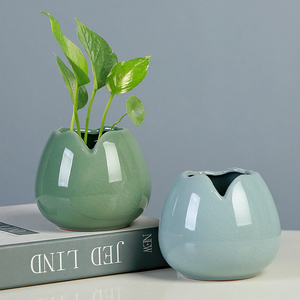 创意哥窑水养绿箩小花瓶插绿植花器客厅装饰品摆件铜钱草水培器皿