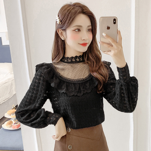 蕾丝打底衫女秋冬新款超仙内搭毛衣上衣洋气网纱小衫叶儿美旗舰店