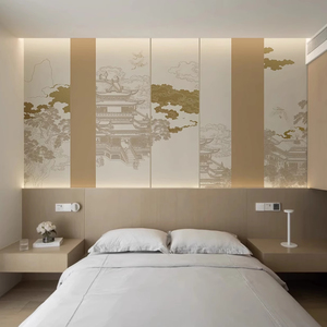 新中式古风楼阁墙纸客厅背景墙壁纸高档酒店卧室床头装修壁画墙布