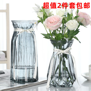 【二件套】大号简约玻璃花瓶透明彩色水培植物富贵竹干花插花摆件