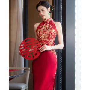 新中式敬酒服新娘红色旗袍刺绣高级感晨袍结婚订婚连衣裙2024新款