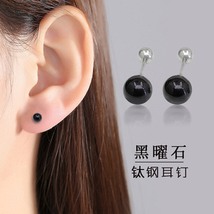 黑曜石耳钉螺丝拧扣防过敏不掉色男士耳环睡觉不用摘的钛钢耳饰女