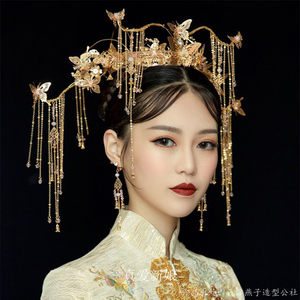 中式新娘秀禾服头饰大气古代皇后结婚发饰步摇流苏古装秀禾凤冠女