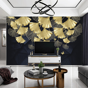 3d立体轻奢银杏叶客厅壁纸简约树叶植物卧室墙纸工作室沙发壁画