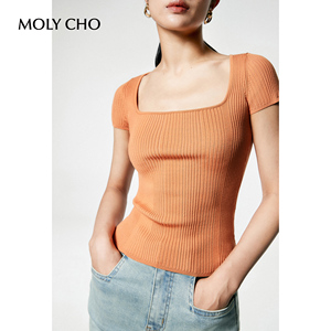 MOLYCHO 橘色短袖针织衫女夏季方领毛衣修身显瘦打底衫露锁骨上衣