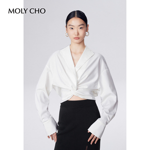 MOLYCHO 设计感扭结白色衬衫女春季小众收腰上衣修身气质V领衬衣