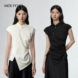 MOLYCHO 短袖新中式衬衫女夏季设计感国风衬衣提花立领盘扣上衣