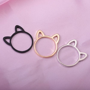 日韩简约创意设计镂空小猫咪猫耳朵戒指 动物卡通饰品镀黑色指环