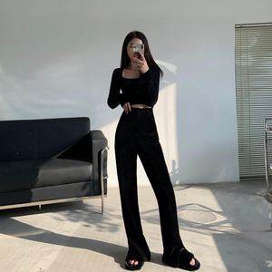 mujinlu黑色灯芯绒开叉裤女秋冬2021新款设计感高腰显高拖地裤子