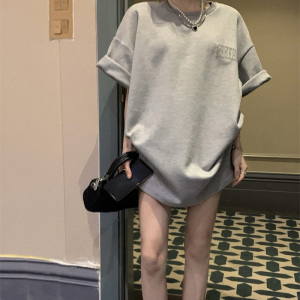灰色下衣失踪中长款宽松短袖t恤女2022年新款夏季韩版慵懒风上衣