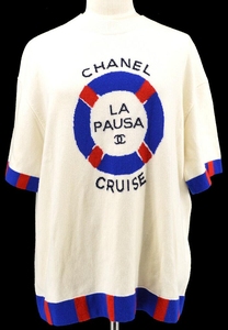 CHANEL胸前游泳圈LA PAUSA字母LOGO蓝红边短袖白T恤古着中古二手1