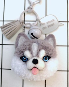 原创手作手工diy羊毛毡毛线蓬蓬球哈士奇二哈钥匙扣挂件胸针成品