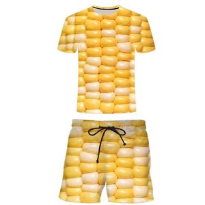 夏季创意玉米图案短袖套装3D印花男女成人青少年时尚圆领T恤短裤
