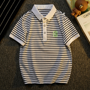 男大童Polo领儿童短袖2024新款黑白条纹上衣夏季男童休闲洋气T恤