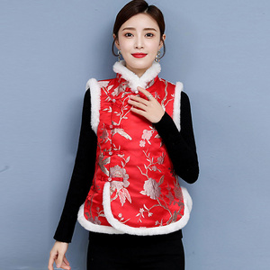 anvna旗舰店天猫中国风马甲无袖毛领夹棉女冬外套旗袍上衣加厚过年