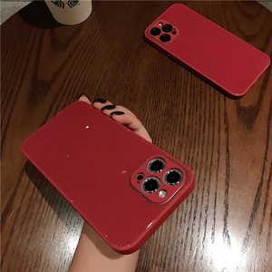 适用苹果12promax手机壳纯色山楂红玻璃壳iphone11摄像头全包xr液态se