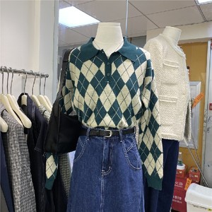 帛然boran秋装新款菱格毛衣polo领设计感气质简约舒适宽松休闲女