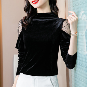 金丝绒上衣女秋冬装洋气小衫内搭露肩长袖t恤女加绒半高领打底衫