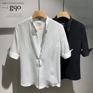 GQO抗皱免烫高级感冰丝衬衫夏季新款男商务体闲修身宽松翻领上衣
