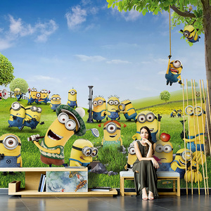 卡通小黄人壁画布儿童房背景墙墙纸3d立体墙布早教幼儿园教室壁纸