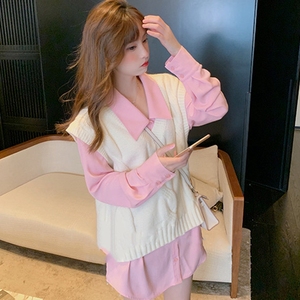 2022秋新款粉色中长款衬衣森系宽松v领针织马甲背心时尚两件套女