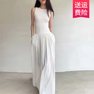 梵帝菲薇2024新款女装白色运动感背心连衣裙长裙女夏无袖高腰裙子
