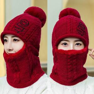 骑电动车连体毛线帽子女冬季韩版羊毛混纺加绒加厚护耳包脸一体帽