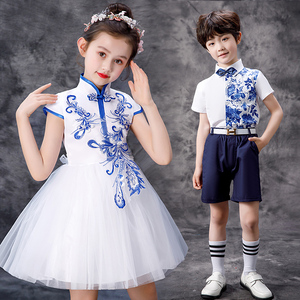 儿童表演服装女童青花瓷纱裙男童主持人礼服套装学生中国风合唱服