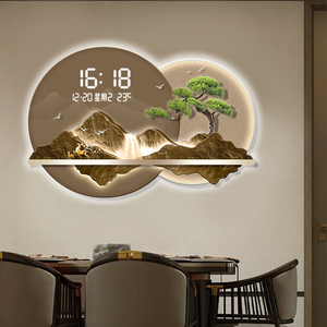 迎客松玄关山水挂墙LED灯画钟表挂钟客厅餐厅高档电子时钟装饰画