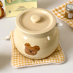 依米 韩式ins风卡通原创小熊带勺调味罐家用陶瓷糖罐单个猪油罐子