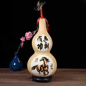 天然葫芦雕刻烙画工艺品家居装饰摆件马到成功福禄客厅玄关大葫芦