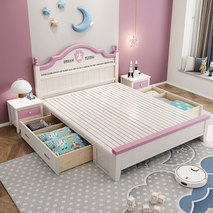 简约实木儿童床女孩公主床现代女童实木床1.5米1.35储物床单人床