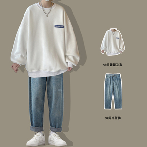 华夫格圆领卫衣男胖子春秋季衣服男装搭配牛仔裤痞帅气港风潮套装