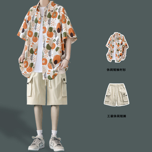 夏季短袖花衬衫男大码潮流泰国三亚旅游热带衬衣海边度假沙滩套装