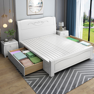 北欧现代简约实木床1.8米橡木1.5单双人床白色1.2m高箱储物主卧床